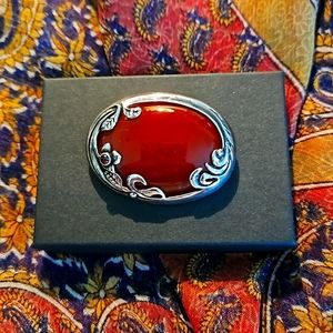 VINTAGE Orvis brooch; 2" x 1.25" made of silver, carnelian, and amethyst.